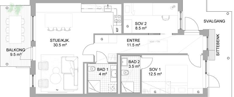Alternativ planløsning: 3-roms leilighet, mot ekstra kostnad
